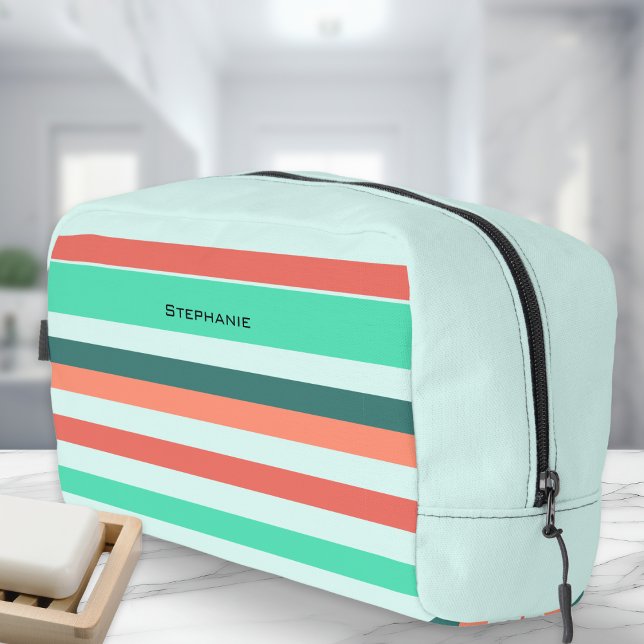 Aqua Orange Striped Pattern Modern Dopp Kit (A stylish zip-up toiletry bag with aqua and orange stripes design, personalized with a name)