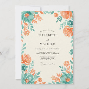 Aqua Orange Watercolor Wedding Invitation