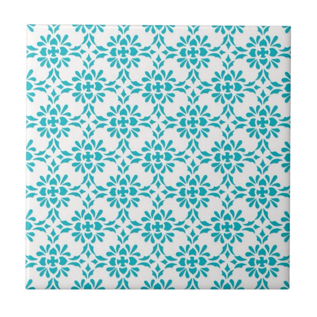 Aqua over White Damask Style Pattern Tile (Front)