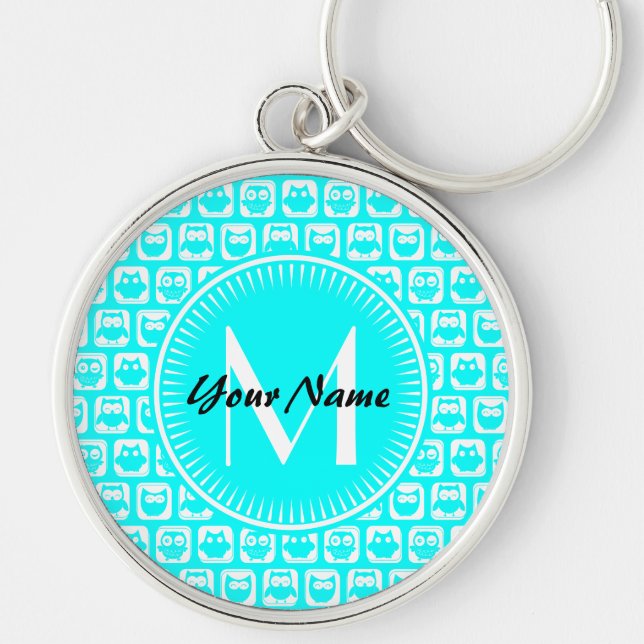 Aqua Owl Pattern Custom Monogram Personalised Name Key Ring (Front)