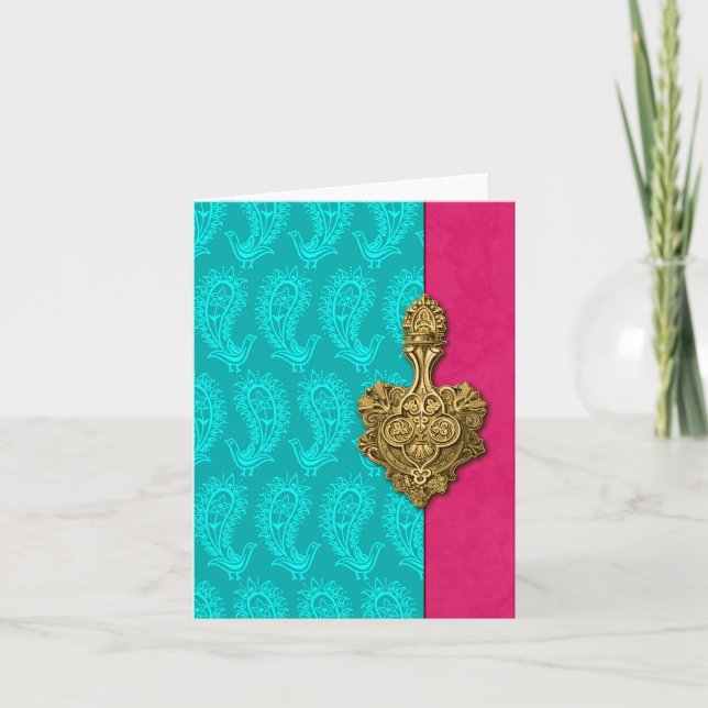 Aqua Paisley Peacocks Indian Note Cards (Front)