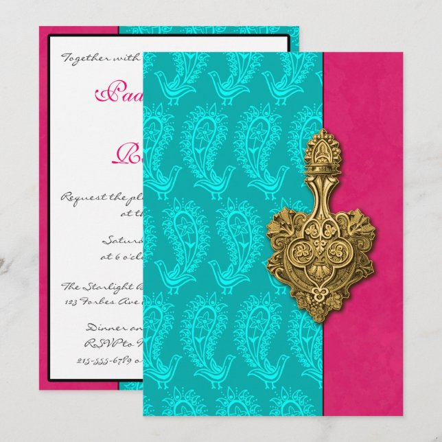 Aqua Paisley Peacocks Indian Wedding Invitation (Front/Back)