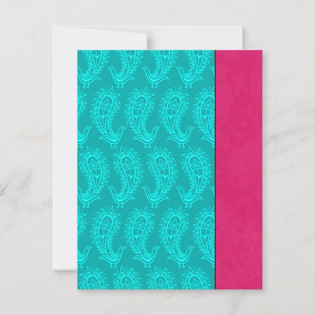 Aqua Paisley Peacocks Indian Wedding RSVP Card (Front)