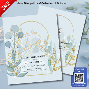 Aqua Pale Blue Leaves Wedding SAVE THE DATE Custom