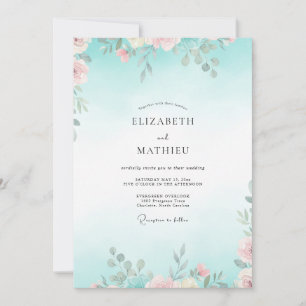 Aqua Pale Pink Leafy Wedding Invitation