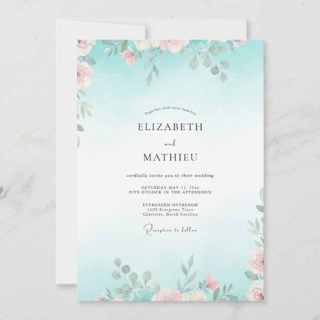 Aqua Pale Pink Leafy Wedding Invitation (Front)