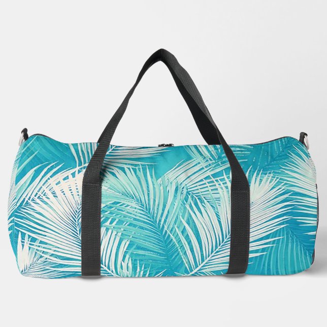 Aqua Palm Fronds Travel Duffel Bag (Front)
