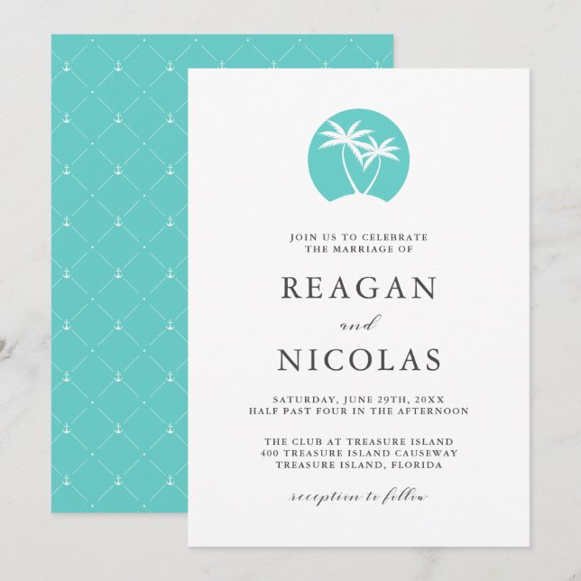 Aqua Palm Tree Logo Tropical Beach Wedding Invitation (Front/Back)