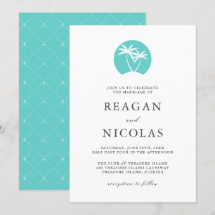 Aqua Palm Tree Logo Tropical Beach Wedding Invitation