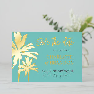Aqua Palm Trees Beach Wedding Save The Date Gold