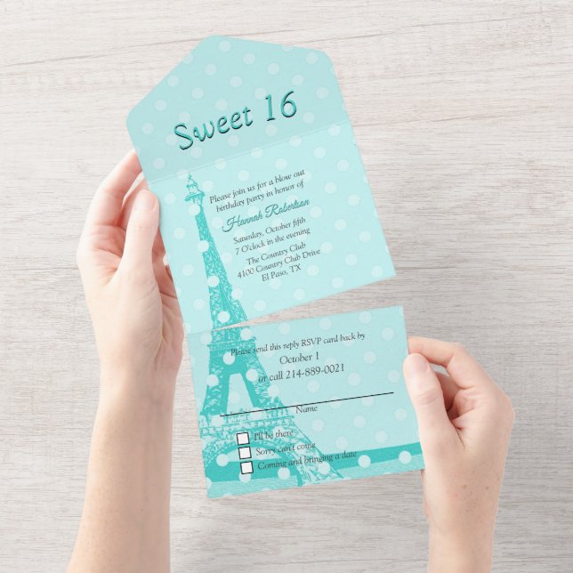 Aqua Paris Themed Sweet 16 All In One Invitation (Tearaway)