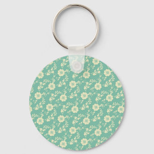 Aqua Pastel Blue Vintage Floral Print Pattern Key Ring
