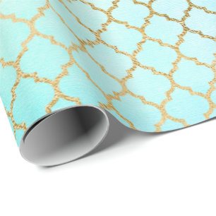 Aqua Pastel Ombre Gold Pink Quatrefoil Min Wrapping Paper