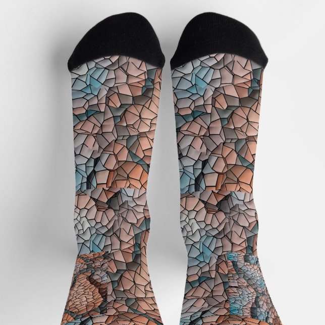Aqua-peach-black quilt pattern Crew Socks (Top)