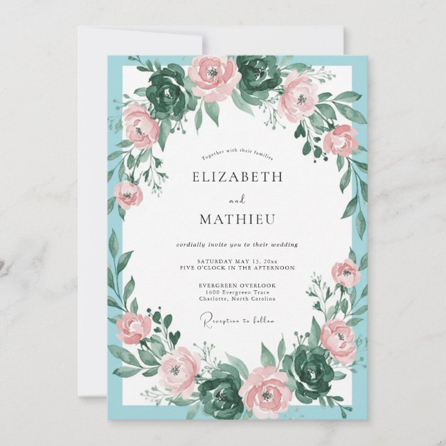 Aqua Peach Foliage Eucalyptus Wedding Invitation (Front)