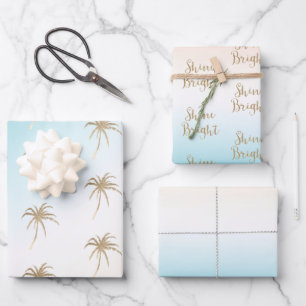  Aqua Peach Gold Tropical Palm Tree    Wrapping Paper Sheet