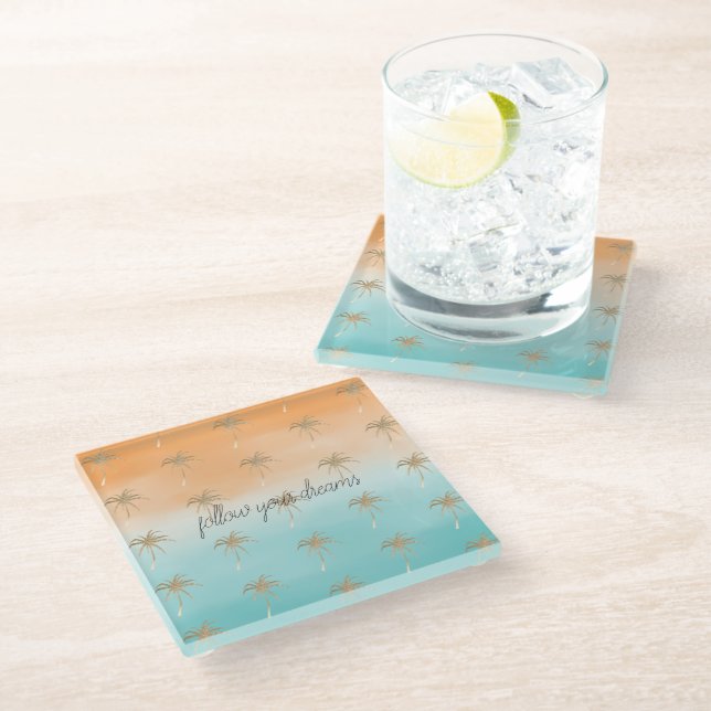 Aqua Peach Gold Tropical Palm Trees Ombre      Glass Coaster (Angled)