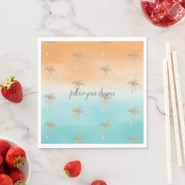 Aqua Peach Gold Tropical Palm Trees Ombre       Napkin (Insitu)