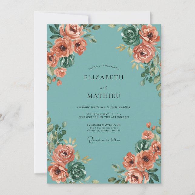 Aqua Peach Painted Wedding Invitation (Front)