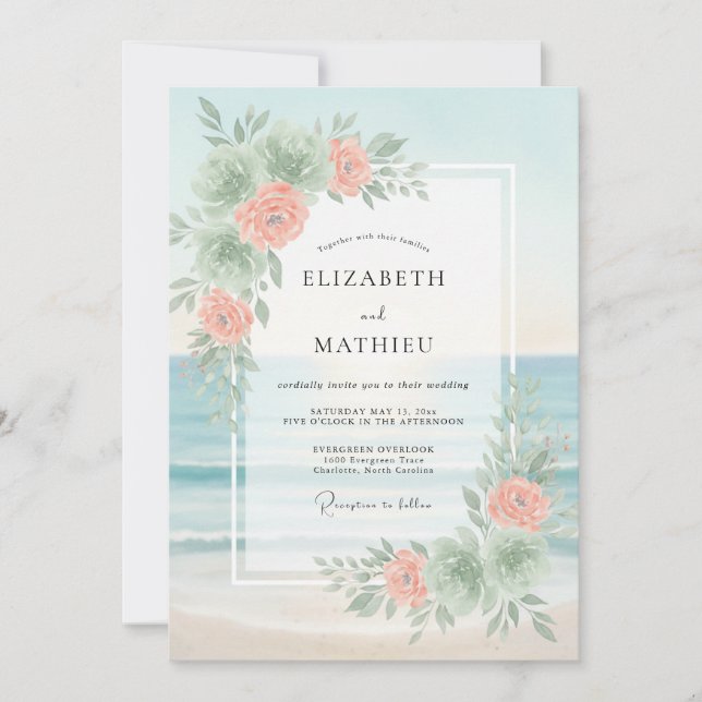 Aqua Peach Peony Wedding Invitation (Front)