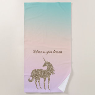Aqua Peach Purple Pink Tie Dye Glitter Unicorn Beach Towel