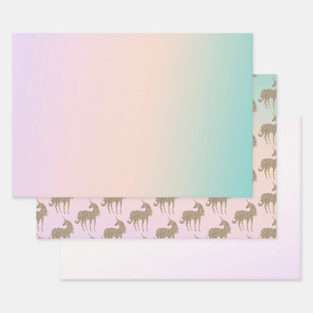 Aqua Peach Purple Pink Tie Dye Glitter Unicorn Wrapping Paper Sheet (Set)