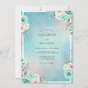 Aqua Peach Succulent Eucalyptus Wedding Invitation