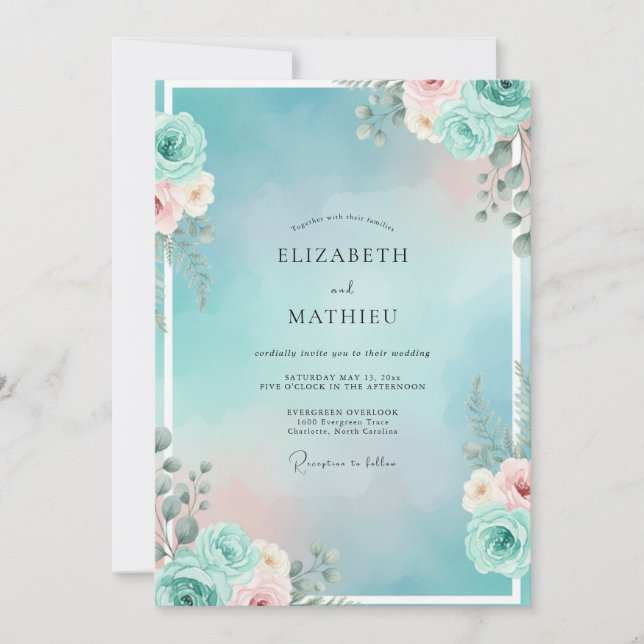 Aqua Peach Succulent Eucalyptus Wedding Invitation (Front)