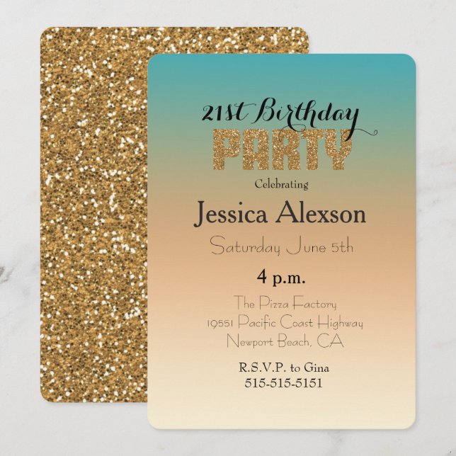 Aqua Peach Sunset Ombre Gold Glitter Invitation (Front/Back)