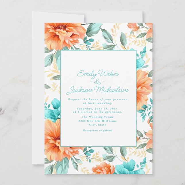 Aqua Peach Watercolor Floral Wedding Invitation (Front)