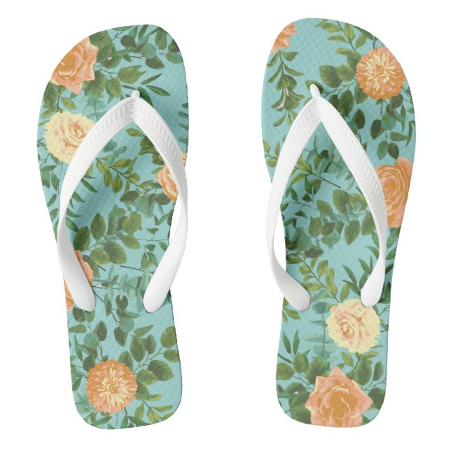 Aqua Peach Wedding Floral Roses Flip Flops (Footbed)
