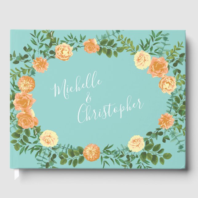 Aqua Peach Wedding Floral Roses Guest Book (Front)