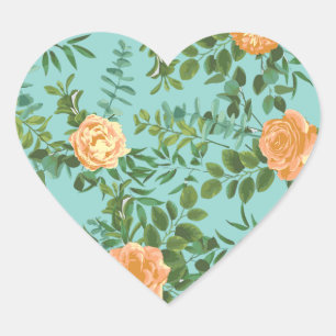 Aqua Peach Wedding Floral Roses Heart Sticker
