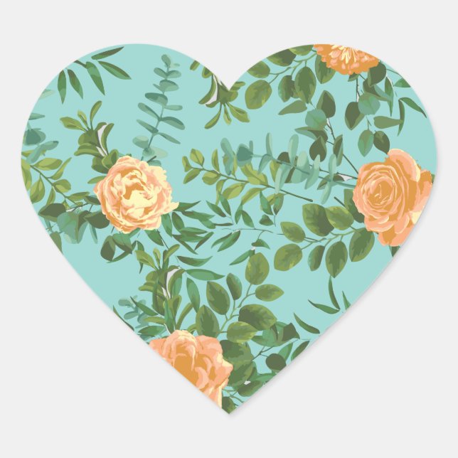 Aqua Peach Wedding Floral Roses Heart Sticker (Front)