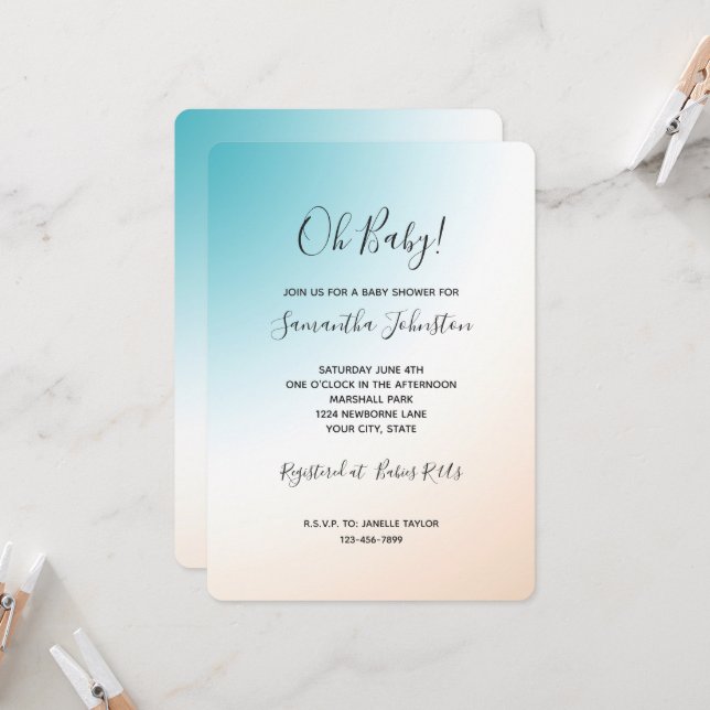 Aqua Peach White Ombre Baby Shower Invitation (Front/Back In Situ)