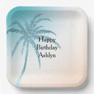 Aqua Peach White Palm Tree Birthday Paper Plate