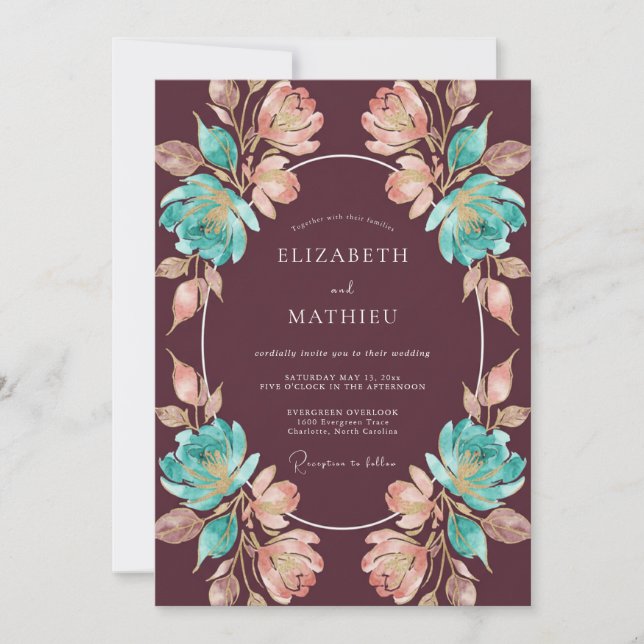 Aqua Peach Wine Wreath Wedding Invitation (Front)