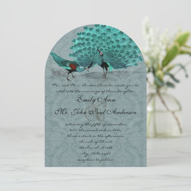 Aqua Peacock Elegant Linen Pearl Invitation (Standing Front)