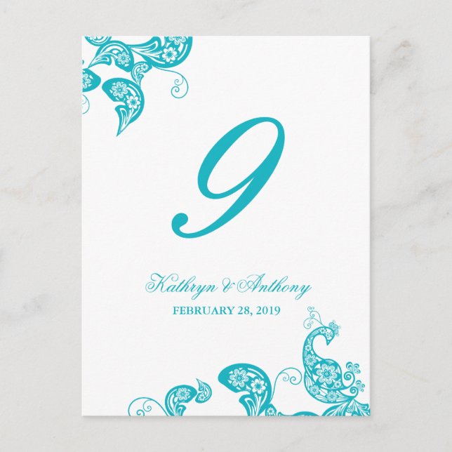 Aqua Peacock Floral Paisley Wedding Table Number Postcard (Front)
