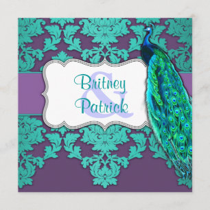Aqua Peacock & Purple Damask Wedding Invitations