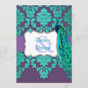 Aqua Peacock & Purple Damask Wedding Invitations