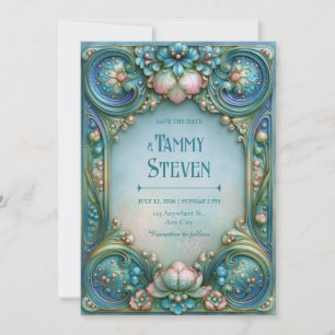 Aqua Pearl Lotus Wedding Invitation