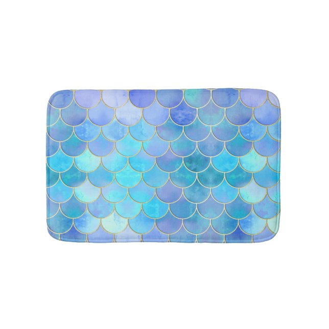 Aqua Pearlescent & Gold Mermaid Scale Pattern Bath Mat (Front)