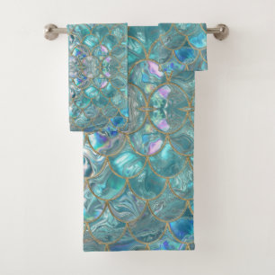 Aqua Pearlescent & Gold Mermaid Scale Pattern Bath Towel Set