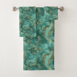 Aqua Pearlescent & Gold Mermaid Scale Pattern Bath Towel Set