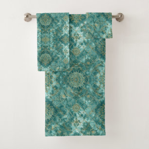 Aqua Pearlescent & Gold Mermaid Scale Pattern Bath Towel Set