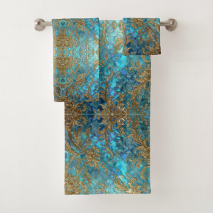 Aqua Pearlescent & Gold Mermaid Scale Pattern Bath Towel Set
