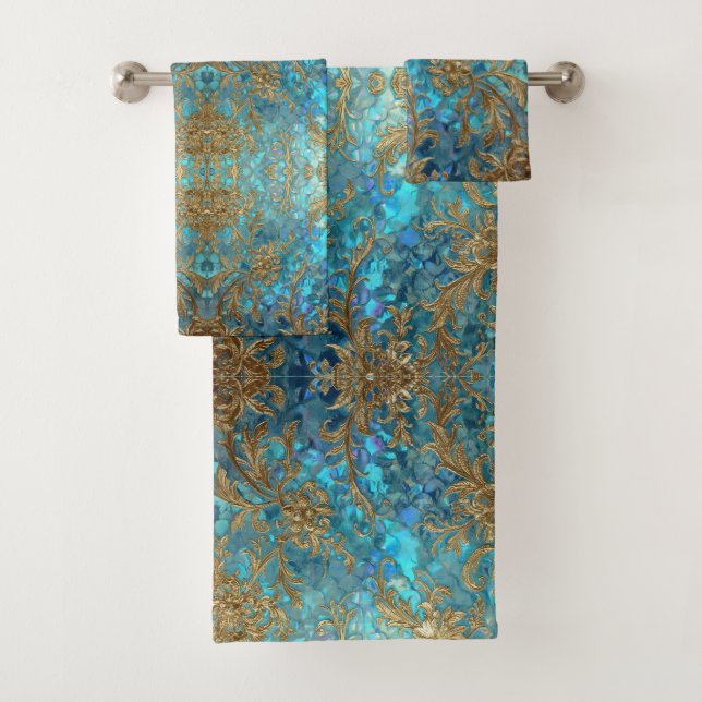 Aqua Pearlescent & Gold Mermaid Scale Pattern  Bath Towel Set (Insitu)