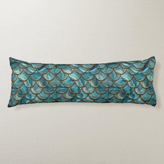 Aqua Pearlescent & Gold Mermaid Scale Pattern  Body Cushion (Front)
