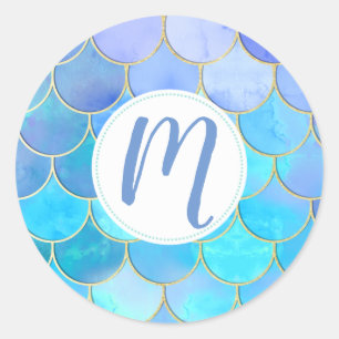 Aqua Pearlescent & Gold Mermaid Scale Pattern Classic Round Sticker